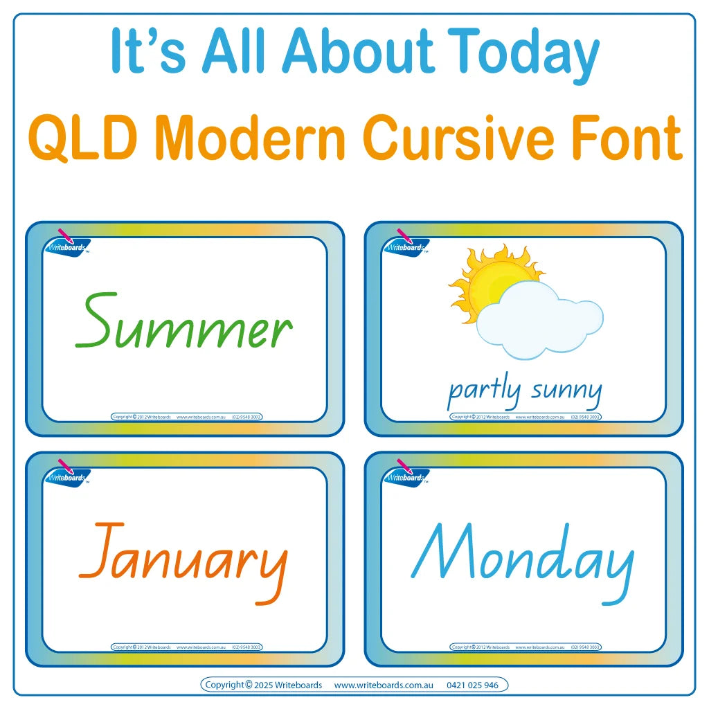QLD Modern Cursive Font All About Today Worksheets & Flashcards for Occupational Therapists and Tutors