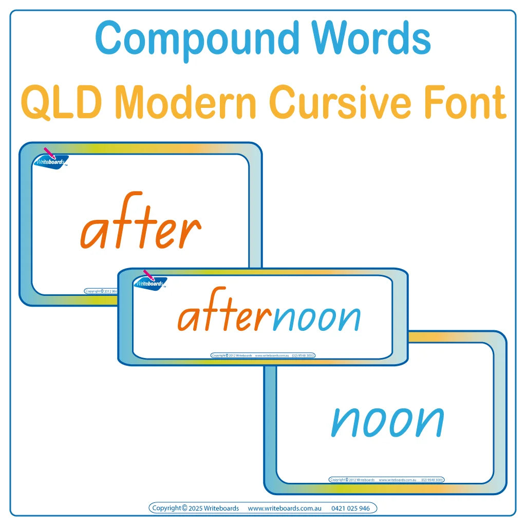 Teach compound words with QLD Modern Cursive Font Colour Coded Flashcards & Worksheets