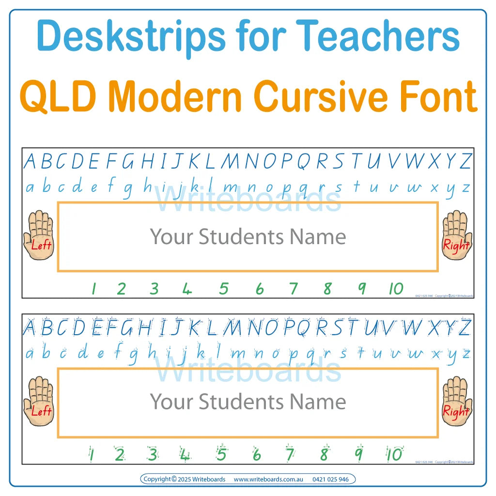 QLD Modern Cursive Font Desk Strips for Prep & Childcare Educators