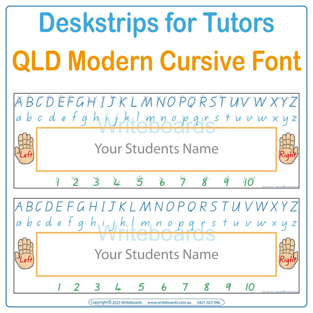 QLD Modern Cursive Font Reusable Desk Strips for Occupational Therapists and Tutors