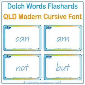 Teach 315 Dolch words using QLD Modern Cursive Font Flashcards and Bingo Games