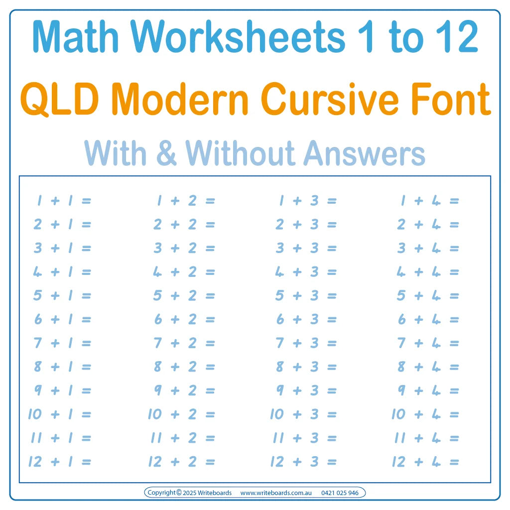 QLD Modern Cursive Font Math Worksheets from 1 to 12 for Occupational Therapists and Tutors
