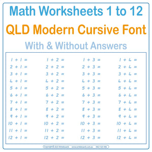 QLD Modern Cursive Font Math Worksheets for teachers - Covers addition – subtraction – multiplication and division