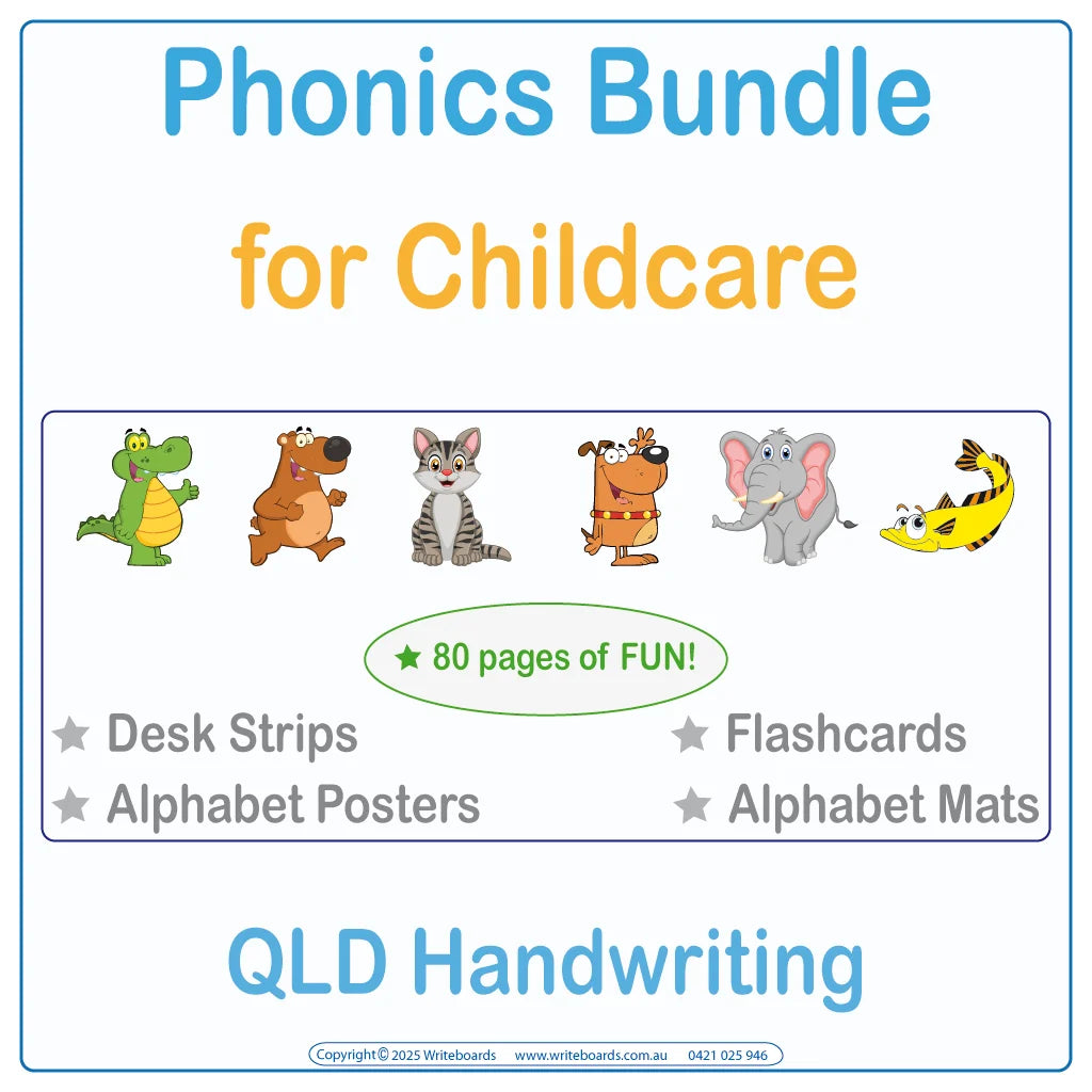 QLD Modern Cursive phonics bundle for childcare with posters mats desk strips flashcards letters and words