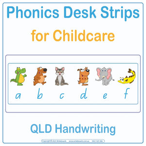 QLD Modern Cursive Font Phonics desk strips for kindergarten showing letter sounds with picture prompts