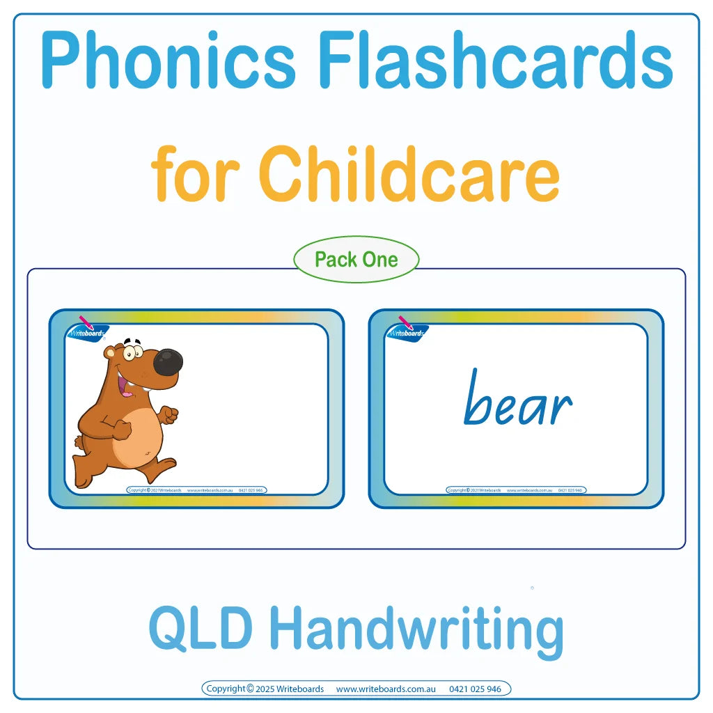 QLD Modern Cursive phonics flashcards for childcare showing the word with a matching picture
