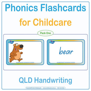 QLD Modern Cursive phonics flashcards for childcare showing the word with a matching picture