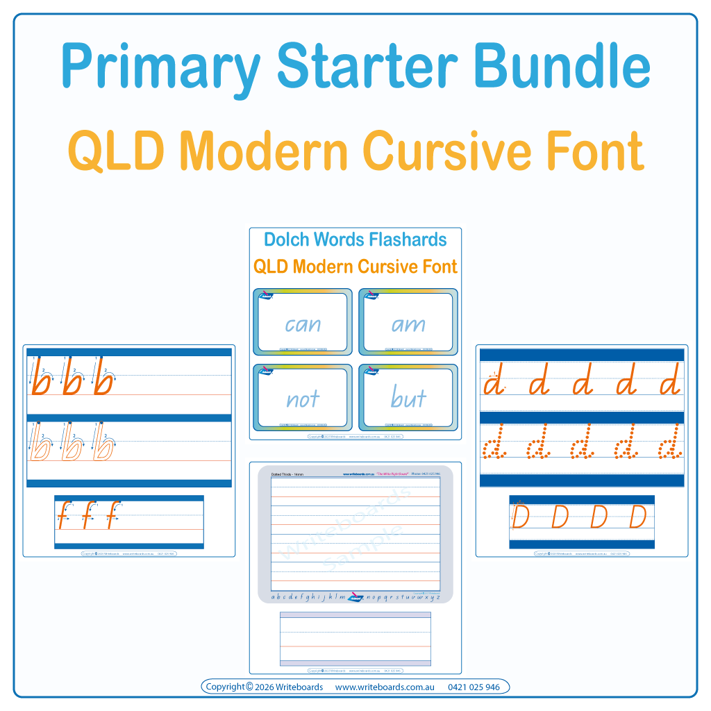 QLD Modern Cursive Primary Starter Bundle includes Dotted Third Worksheets and Lines plus more