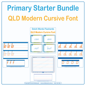 QLD Modern Cursive Primary Starter Bundle includes Dotted Third Worksheets and Lines plus more