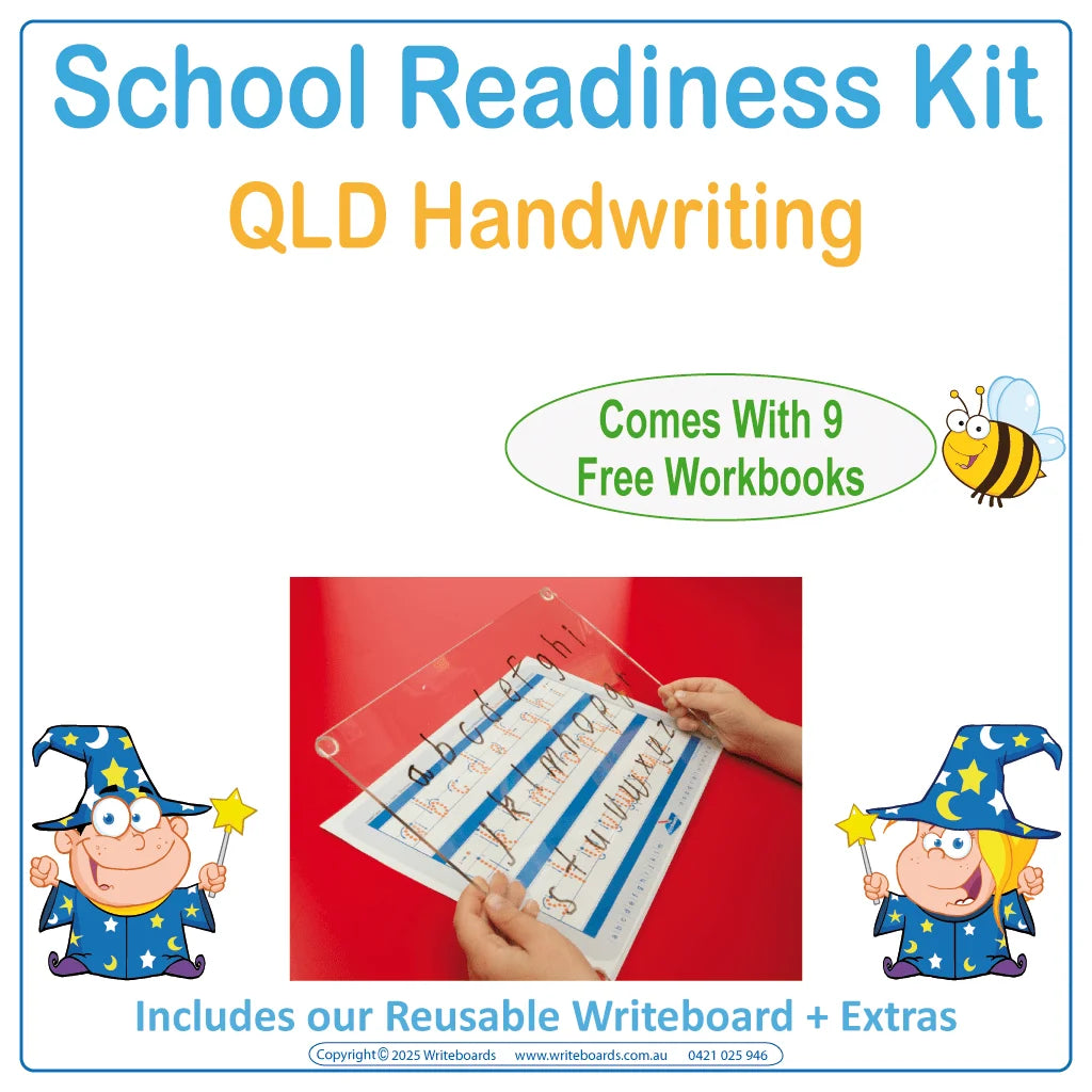 QLD Modern Cursive Font School Readiness Kit with reusable Writeboard and worksheets for QLD kids