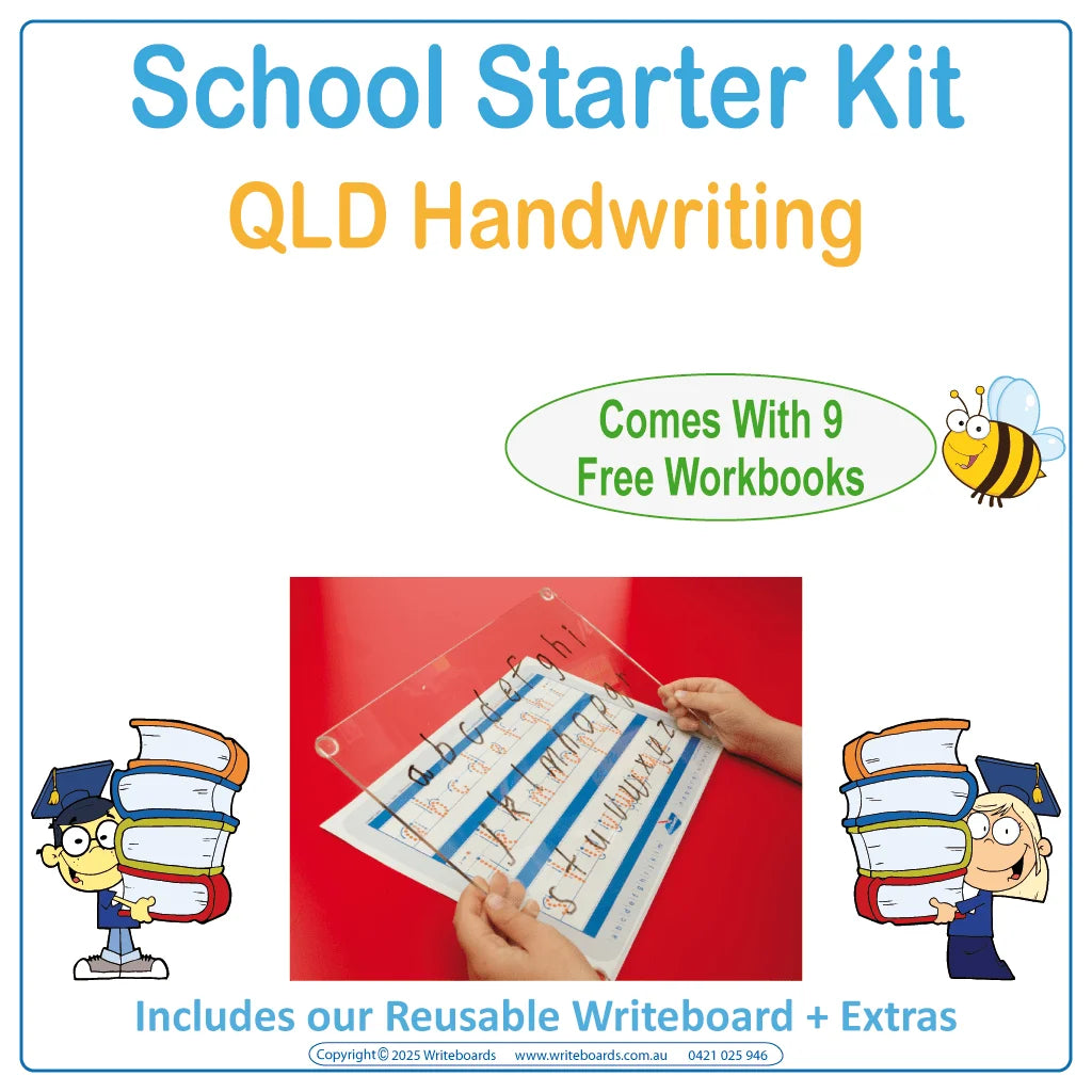 QLD Modern Cursive Font School Starter Kit includes reusable Writeboard worksheets and extras for Aussie kids