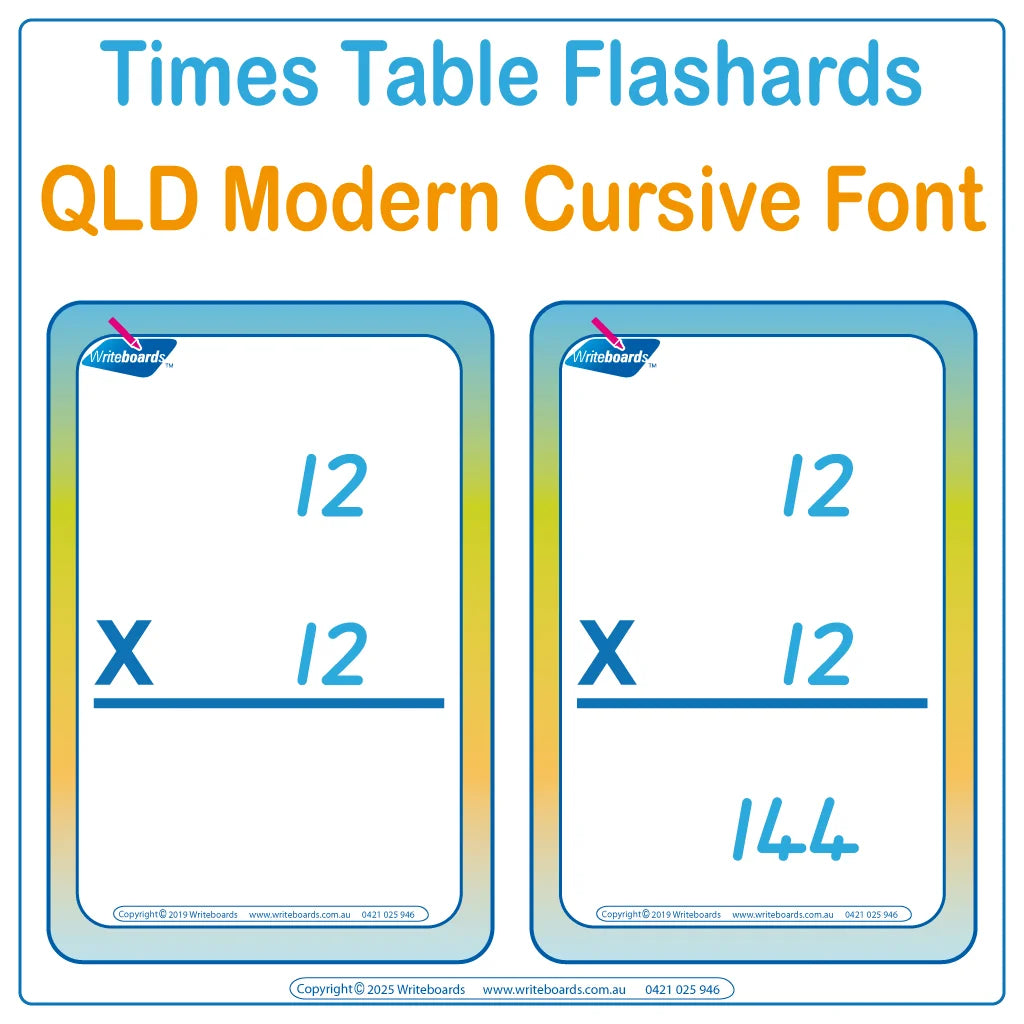 QLD Modern Cursive Font Times Table Flashcards  from 1 to 12 for Occupational Therapists and Tutors