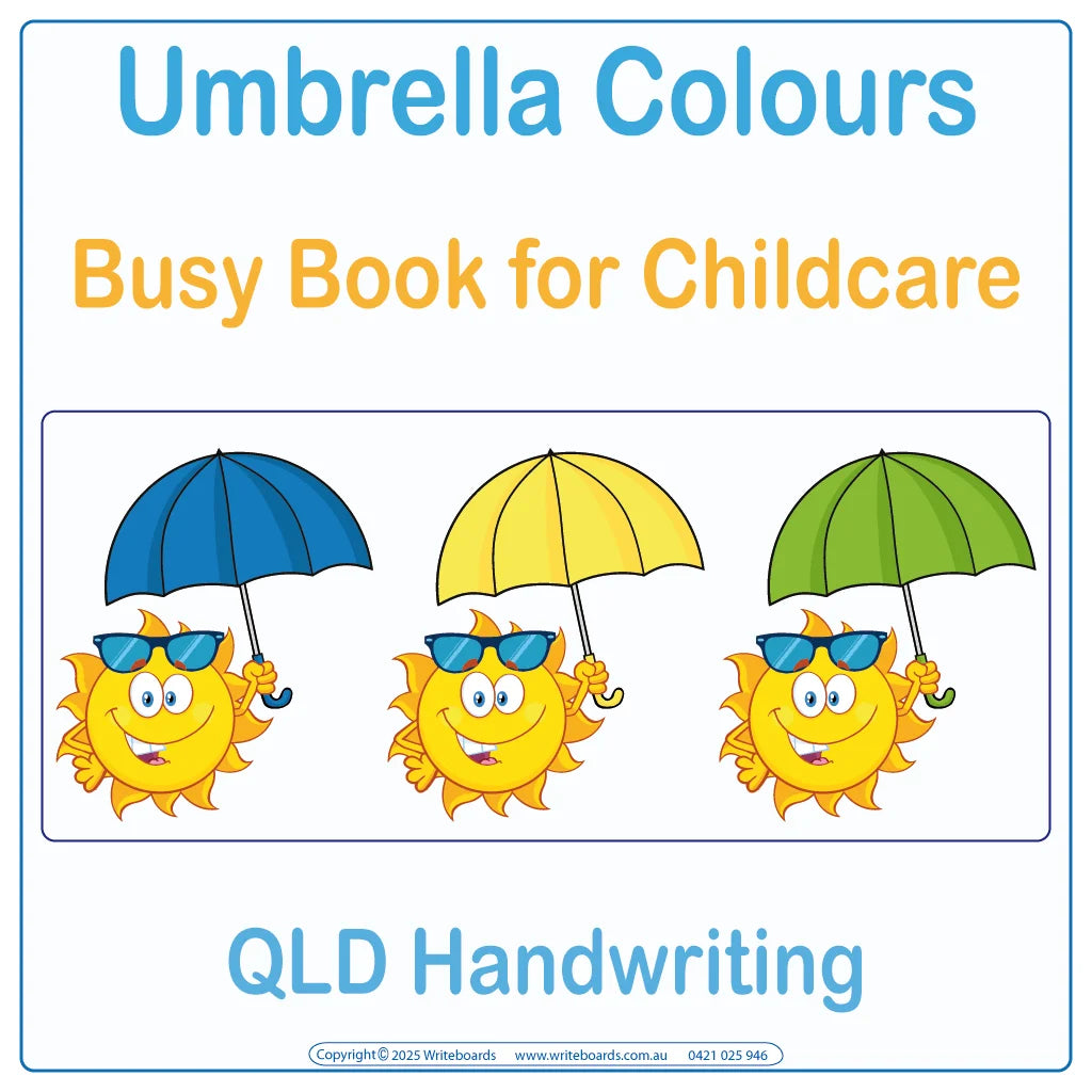 QLD Modern Cursive Font Umbrella Colours Busy Book for Kindergarten and Childcare, QLD Busy Books