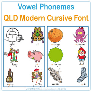 Teach vowel phonemes with QLD Modern Cursive Font posters featuring 211 words and pictures
