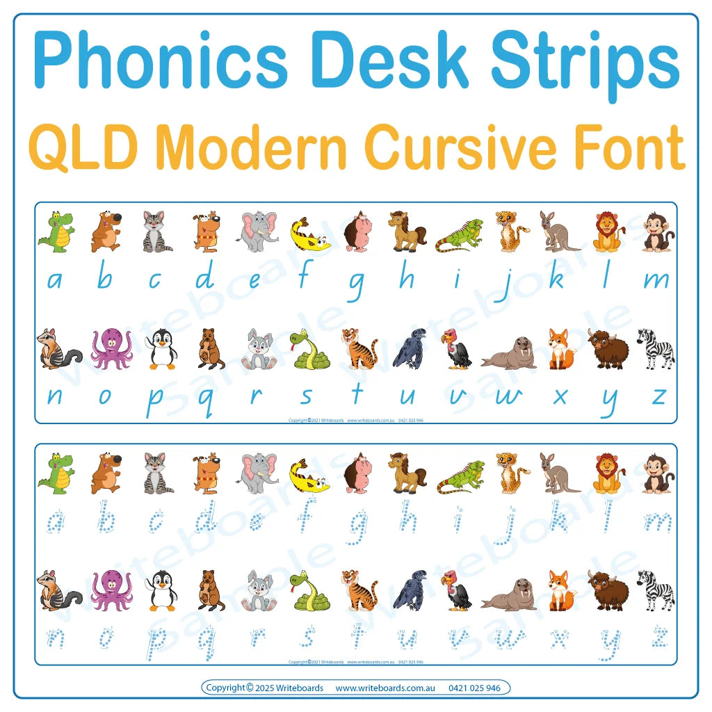 Help students connect letters and sounds with animal-themed desk strips in QLD Modern Cursive Font