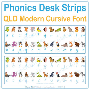Help students connect letters and sounds with animal-themed desk strips in QLD Modern Cursive Font