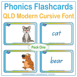 Animal phonic flashcards in QLD Modern Cursive Font supporting sound recognition and letter formation for students