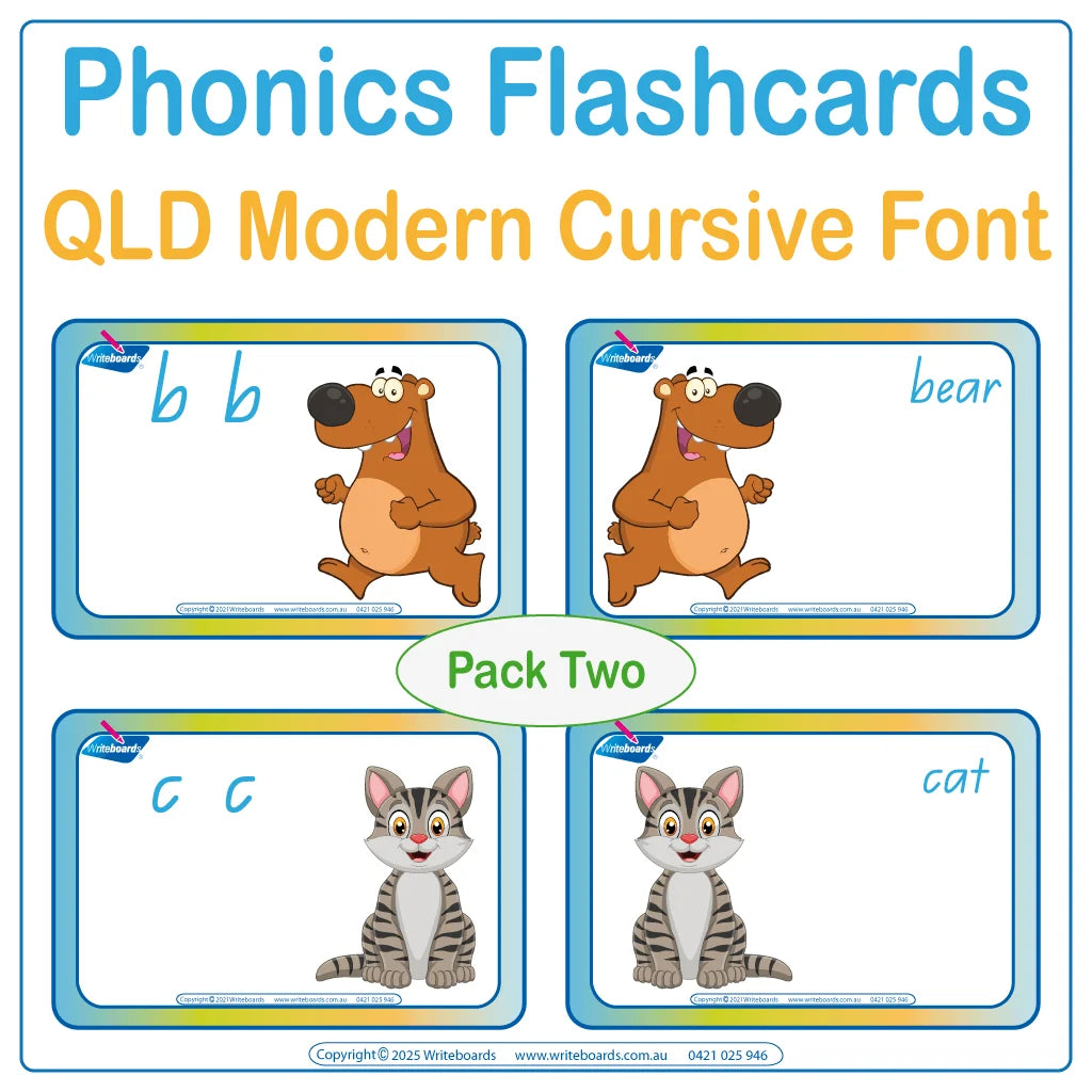 Reinforce phonics with animal flashcards in QLD Modern Cursive Font to build literacy skills
