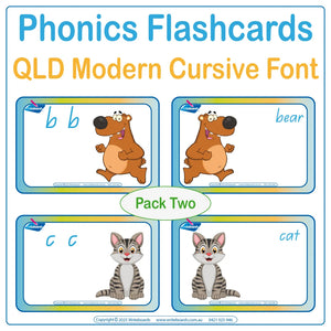 Reinforce phonics with animal flashcards in QLD Modern Cursive Font to build literacy skills