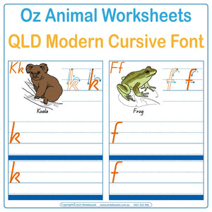 Teach the alphabet with QLD Modern Cursive Font Australian Animal Worksheets engaging tracing activities
