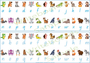 QLD Modern Cursive Phonics desk strips for childcare showing letter sounds with picture prompts