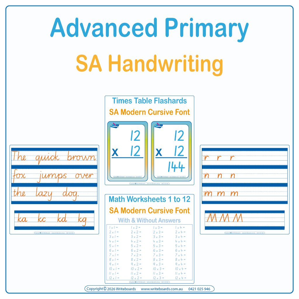 SA Modern Cursive Advanced Primary Pack Includes Reusable Cursive Writing Worksheets and Math