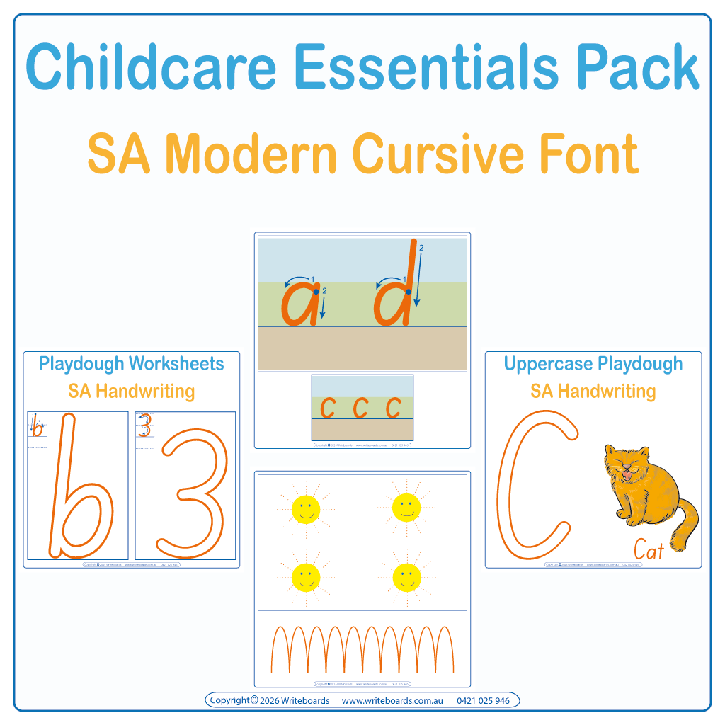 SA Modern Cursive Font Childcare Essentials Pack - Playdough plus Letter & Number Worksheets