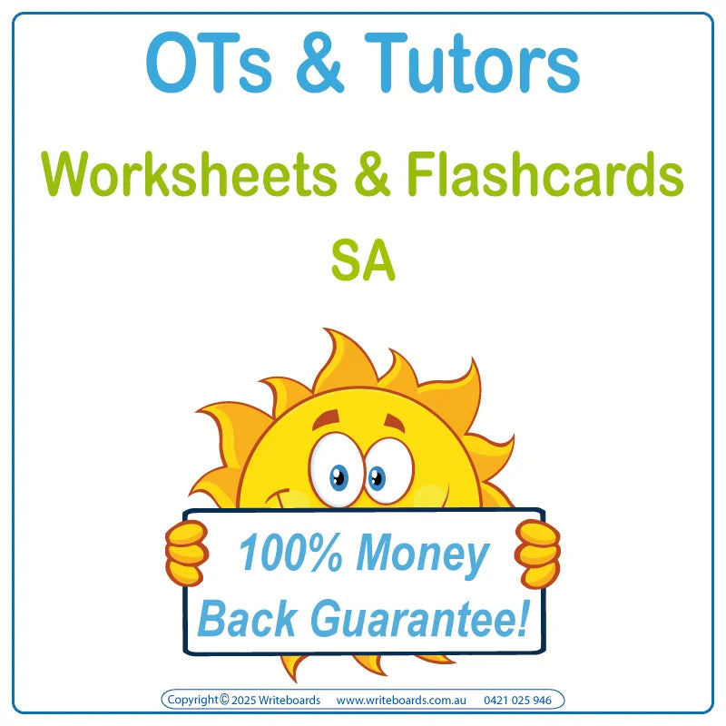 SA Modern Cursive Font Traceable Worksheets and Flashcards for Occupational Therapists and Tutors, SA Therapists Resources