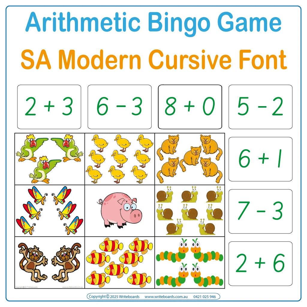 Make math fun with the SA Modern Cursive Font Math Bingo Game, Teachers Resources for SA