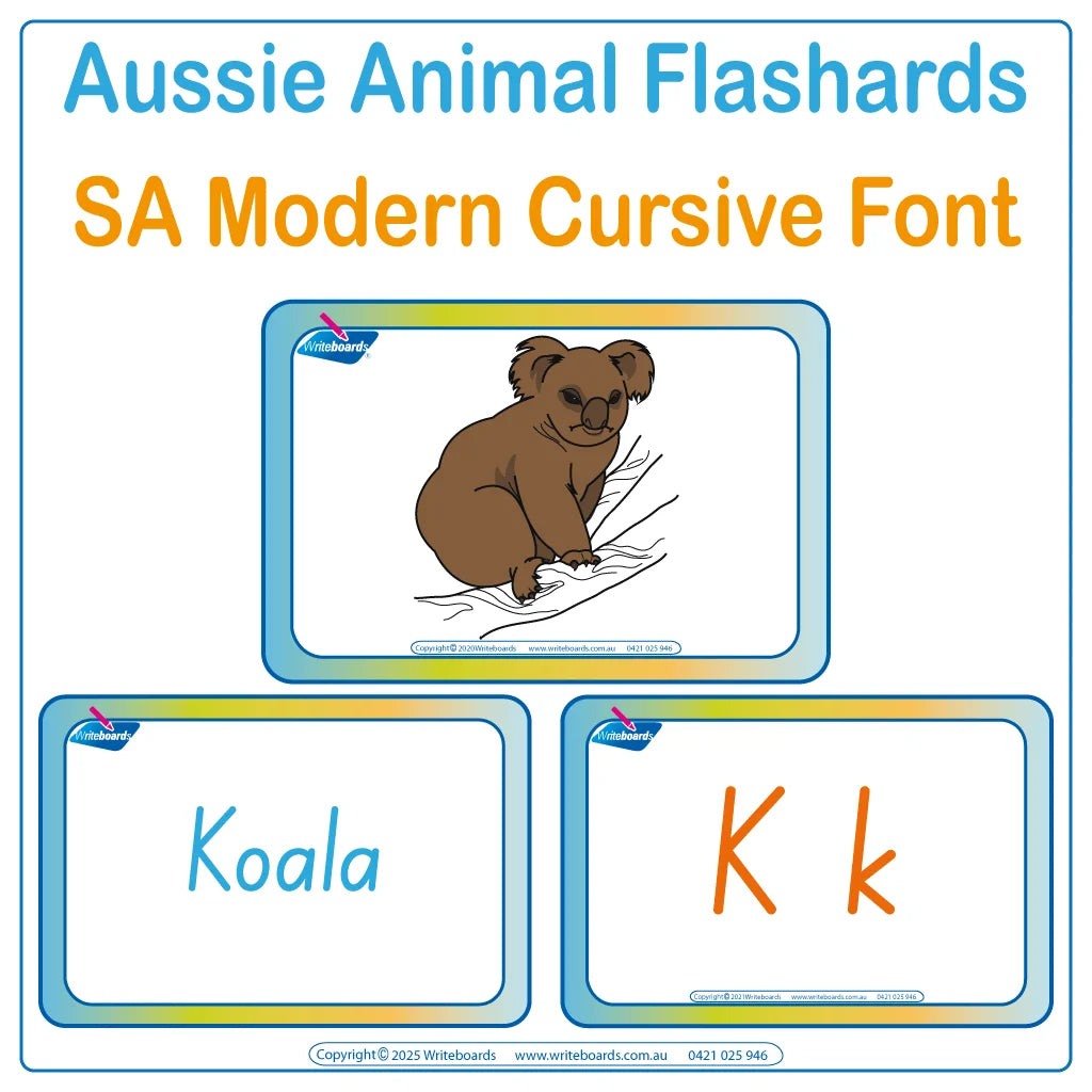 SA Modern Cursive Font Australian Animal Alphabet Flashcards for Occupational Therapists and Tutors