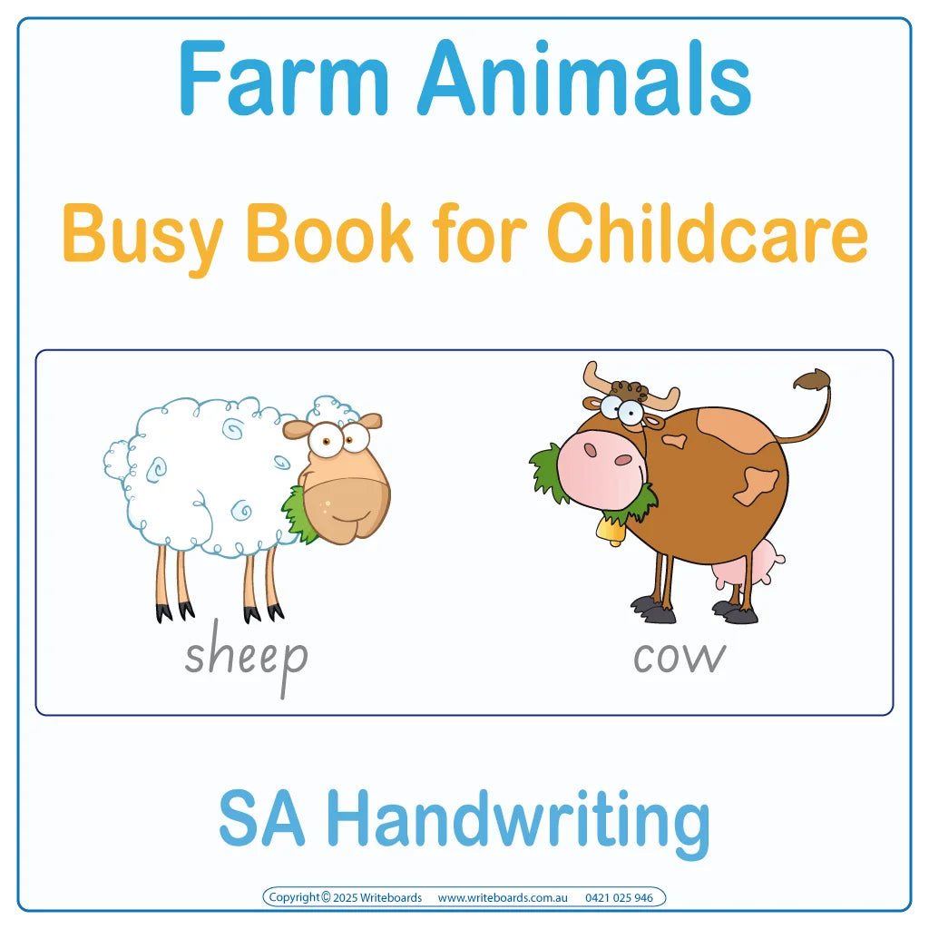 SA Modern Cursive Font Farm Animal Busy Books for Childcare & Preschool, SA Childcare Quiet Books 