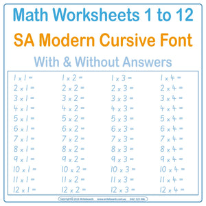 SA Modern Cursive Font Math Worksheets for teachers - Covers addition – subtraction - multiplication - division