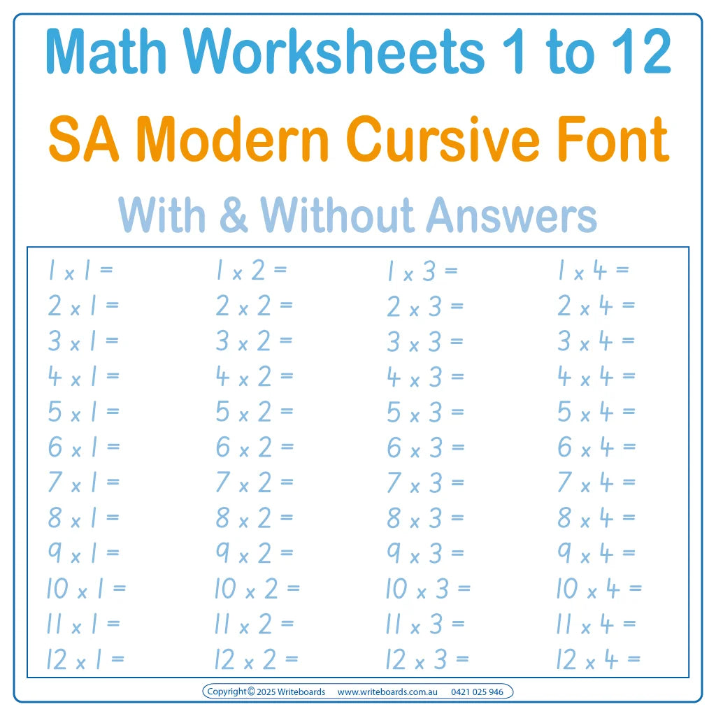 SA Modern Cursive Font Math Worksheets with and without answers for Occupational Therapists and Tutors