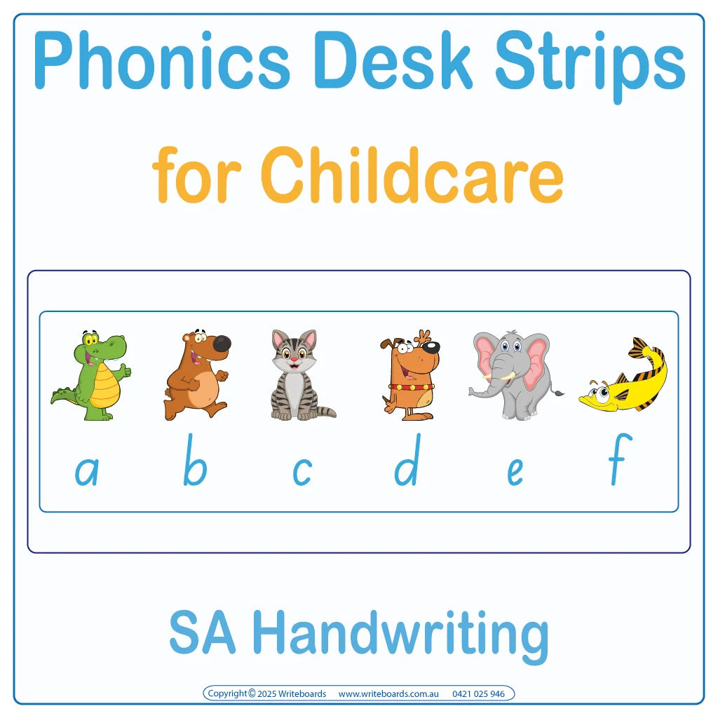 SA Modern Cursive Font Phonics desk strips for kindergarten showing letter sounds with picture prompts