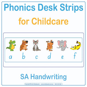 SA Modern Cursive Font Phonics desk strips for kindergarten showing letter sounds with picture prompts