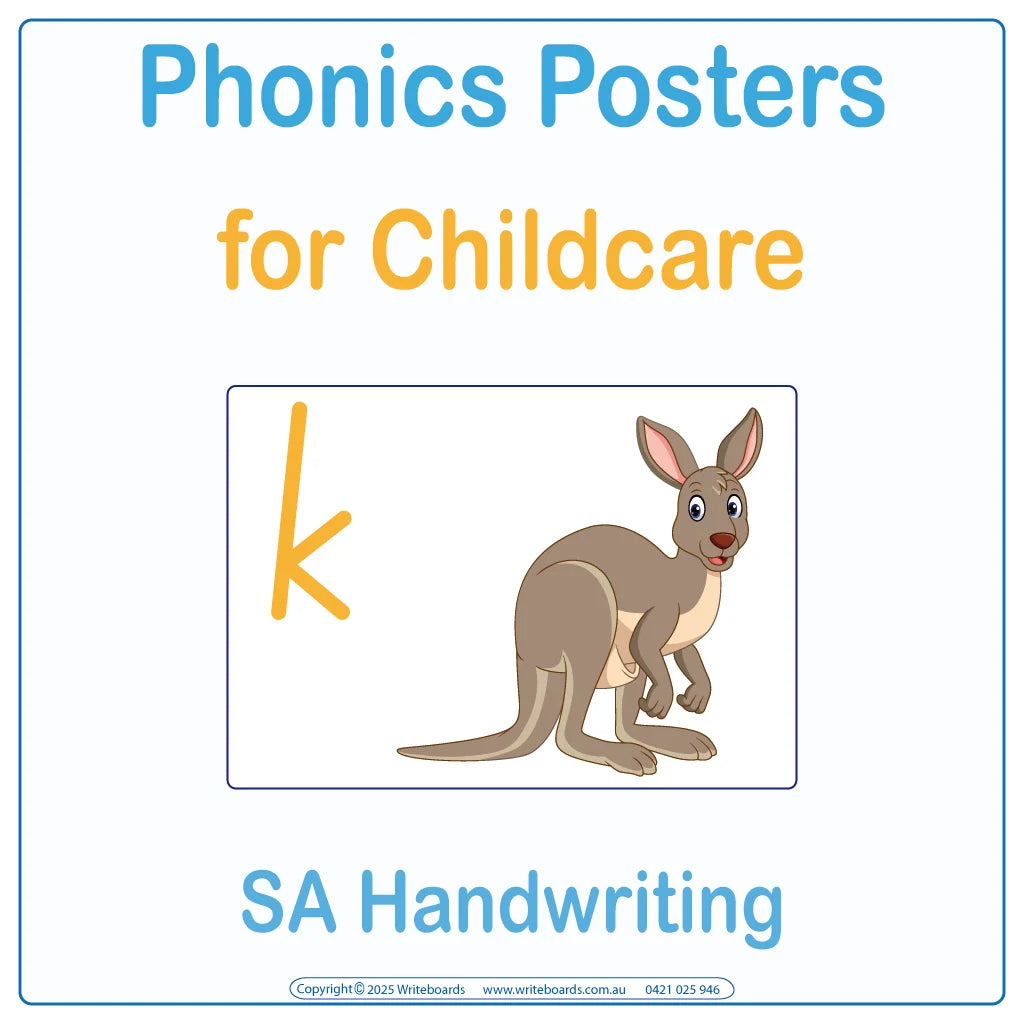 SA Modern Cursive Phonics posters for Childcare and Kindy with letter sounds and picture cues
