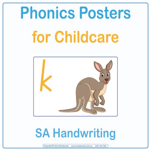 SA Modern Cursive Phonics posters for Childcare and Kindy with letter sounds and picture cues