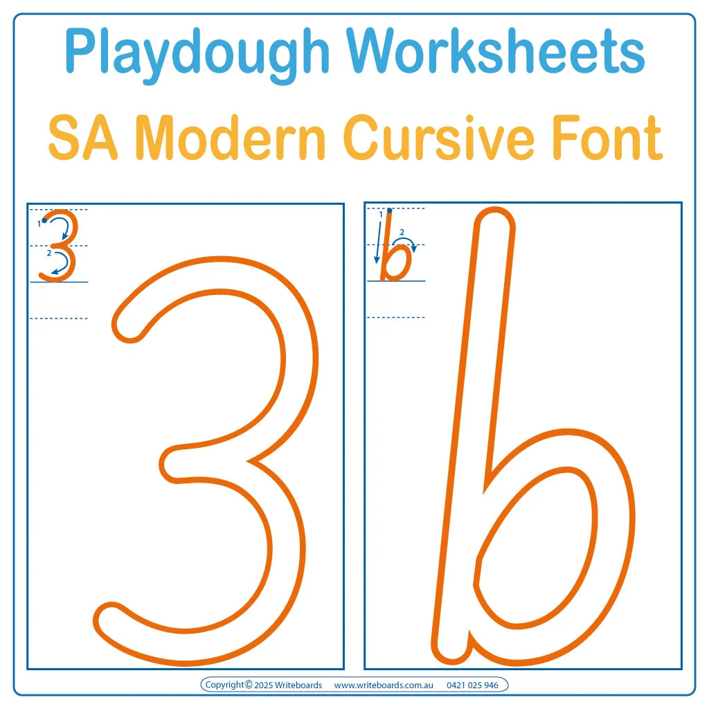SA Modern Cursive Alphabet and Number Worksheets targeting Fine Motors Skills for Occupational Therapists and Tutors