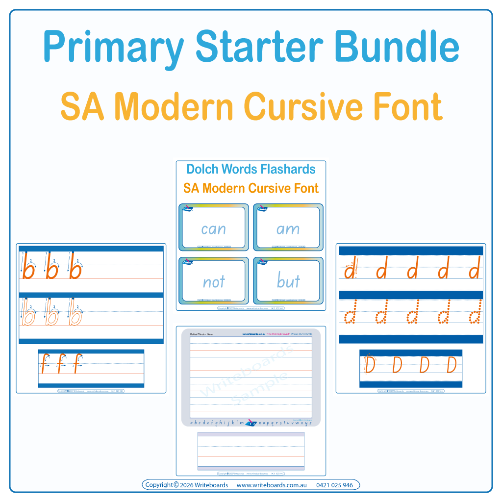 SA Modern Cursive Primary Starter Bundle includes Dotted Third Worksheets and Lines plus more
