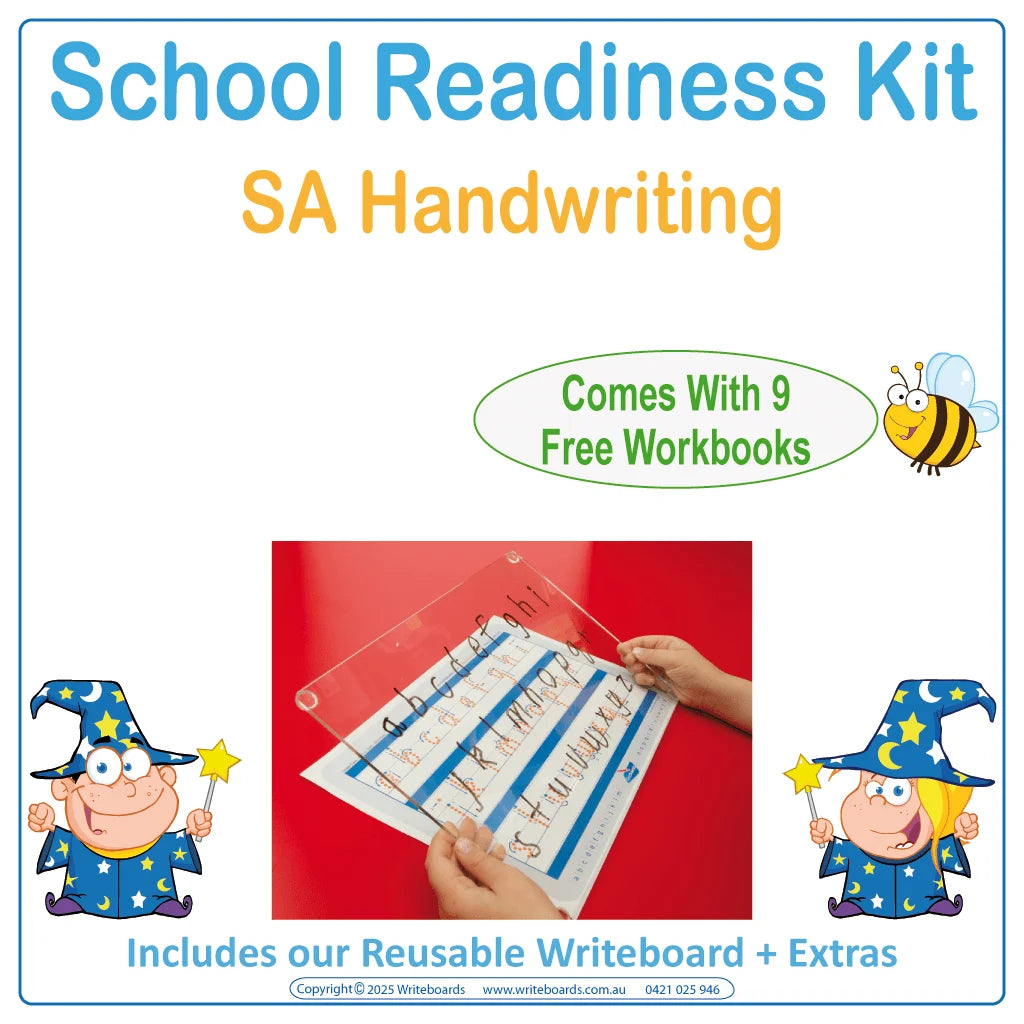 SA Modern Cursive Font School Readiness Kit with reusable Writeboard and worksheets for SA kids