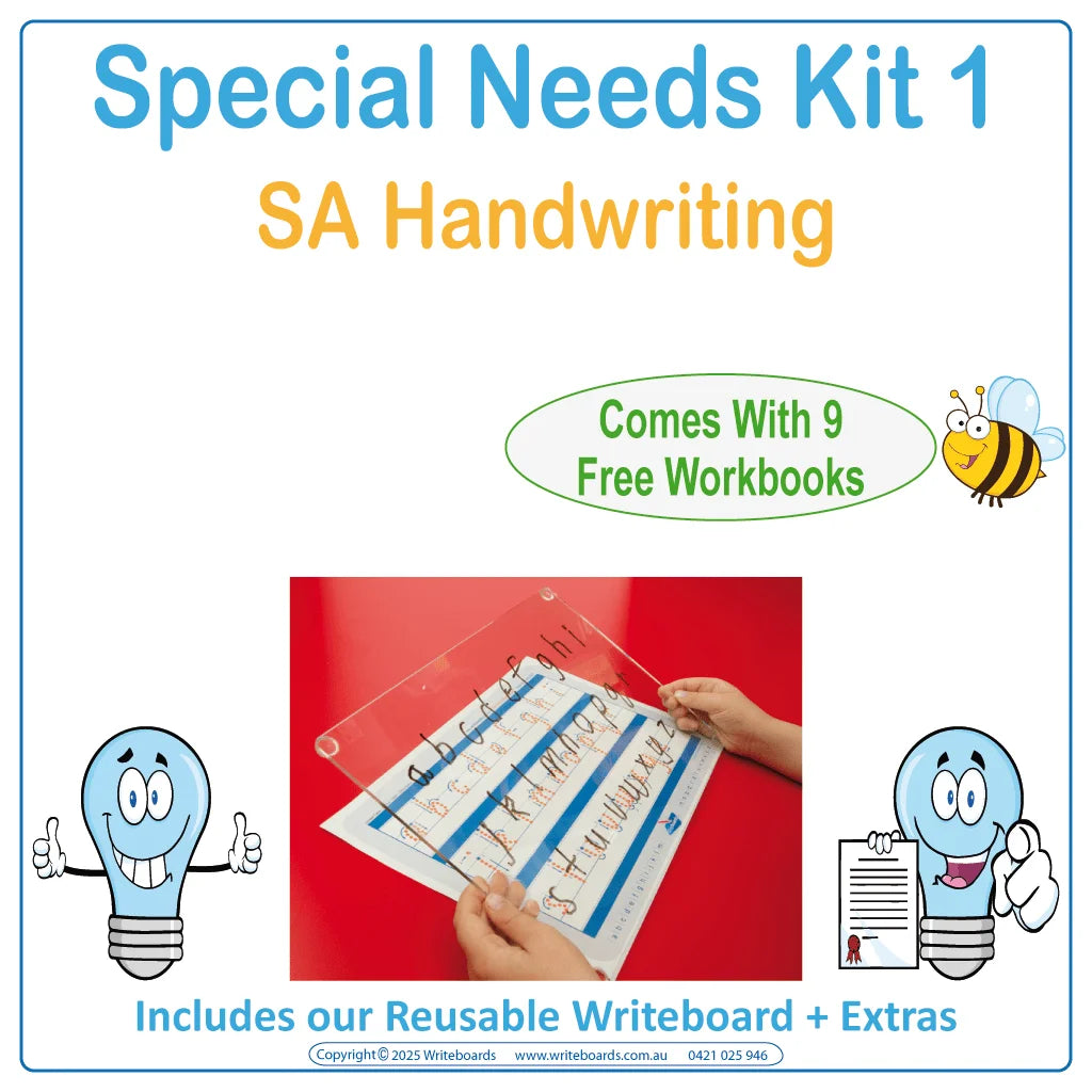 SA Modern Cursive Special Needs Kit includes our Reusable Writeboard & SA Worksheets & Flashcards
