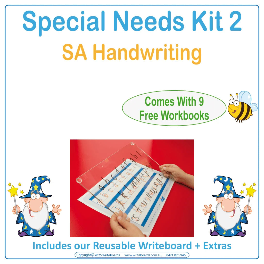 SA Modern Cursive Font Special Needs Kit for advanced learners includes reusable Writeboard and worksheets