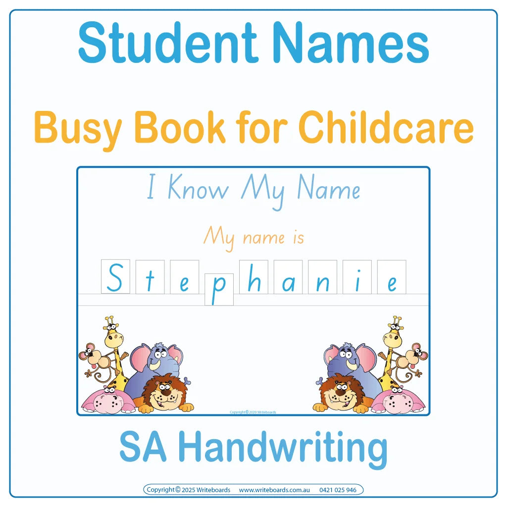 SA Modern Cursive Font Student Name Busy Book for Childcare & Preschool, SA Quiet Books