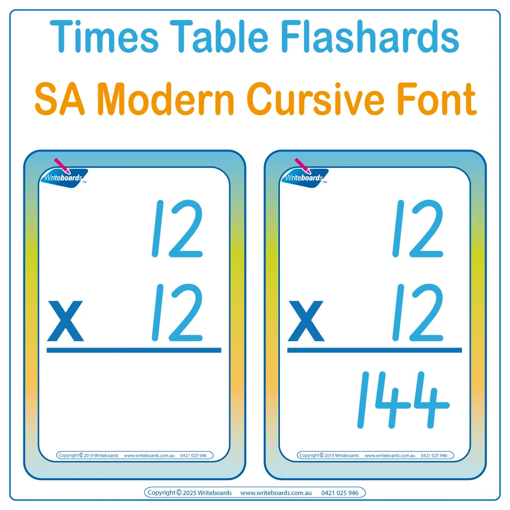 SA Modern Cursive Font Times Table Flashcards with and without Answers for Occupational Therapists and Tutors