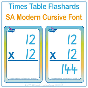 Teach multiplication with SA Modern Cursive Font Times Tables 288 Flashcards for SA classrooms