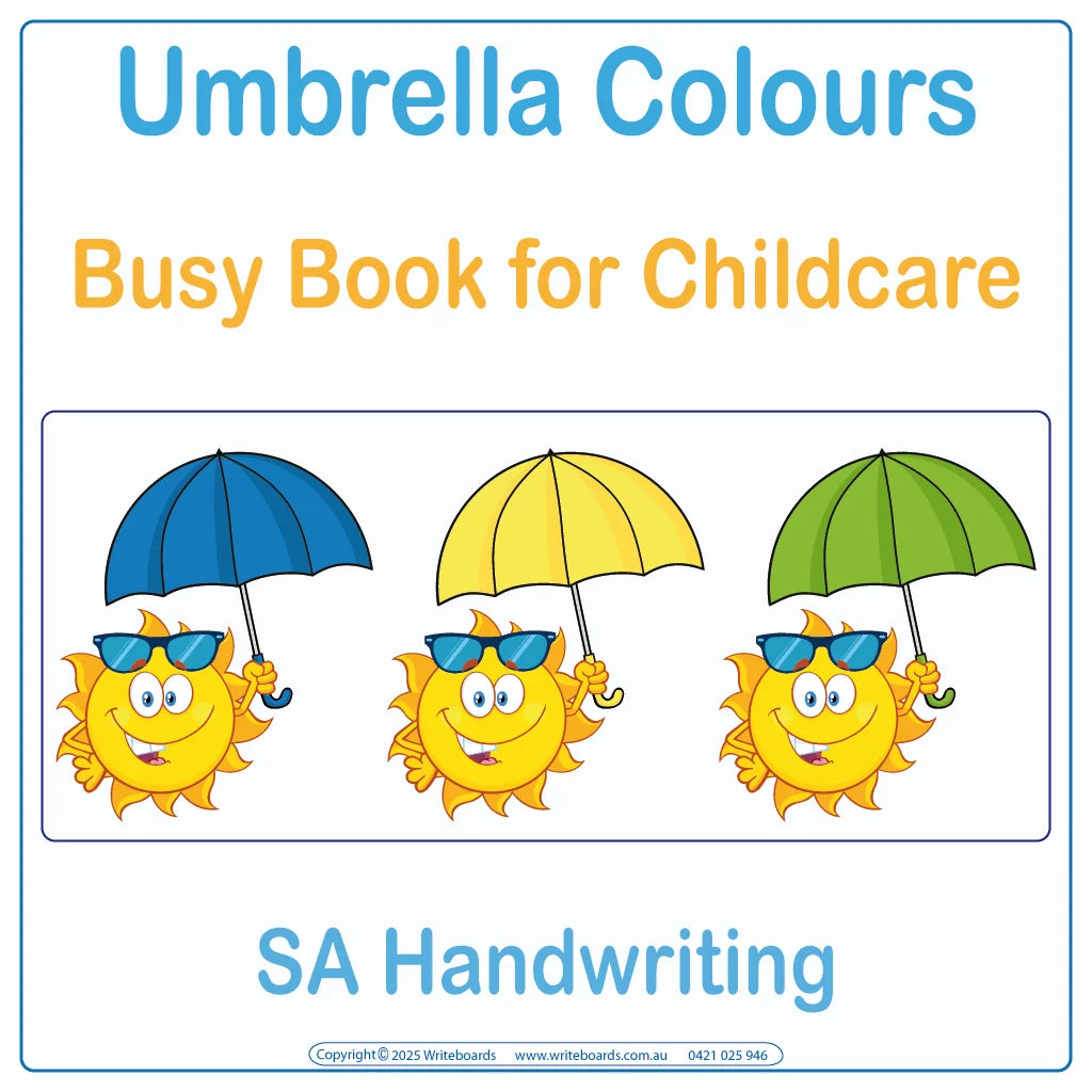 SA Modern Cursive Font Umbrella Colours Busy Book for Childcare & Preschool, SA Quiet Books