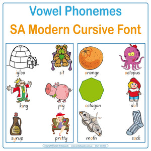 Teach vowel phonemes with SA Modern Cursive Font posters featuring 211 words and pictures