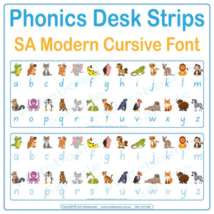 Help students connect letters and sounds with animal-themed desk strips in SA Modern Cursive Font
