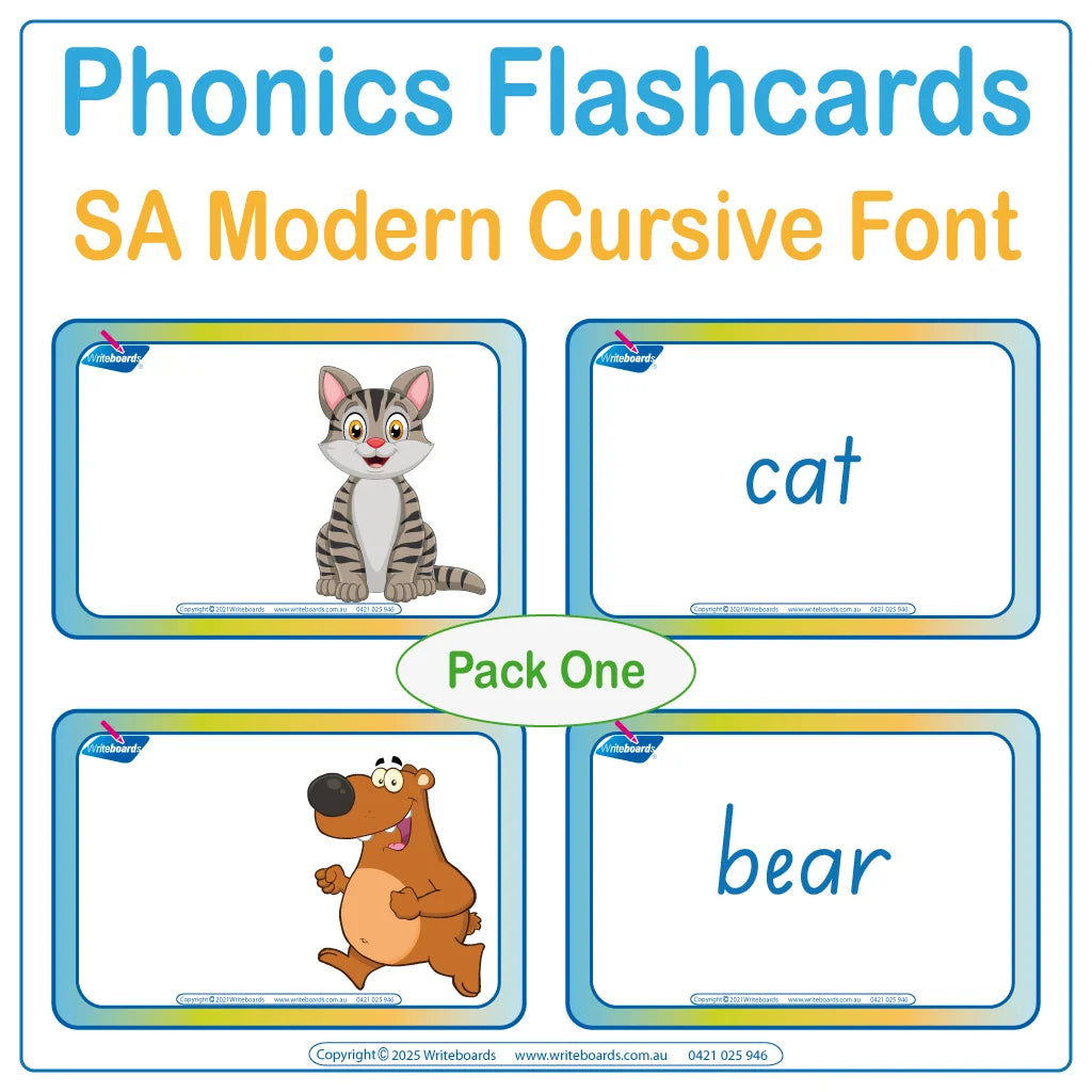Animal phonic flashcards in SA Modern Cursive Font supporting sound recognition and letter formation for students