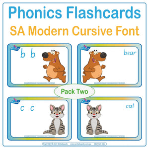 Reinforce phonics with animal flashcards in SA Modern Cursive Font to build literacy skills